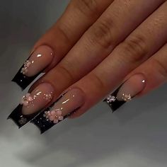 Amazon.com: Black French Tip Press on Nails Long length Coffin Fake Nails 3D Flowers with Gold Pearl Designs False Nails Full Cover Glue on Nails Acrylic Ballerina Artificial Nails Stick on Nails for Women 24Pcs : Industrial & Scientific Bling Bday Nails, Black Bling Nails, Ombre Acrylic, Nails Inspired, Nagellack Trends, Style Nails, Baddie Nails, Nagel Tips, Grunge Nails