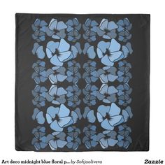 an image of blue flowers on black and gray background scarfs, with the words art deco