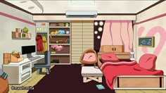 a cartoon bedroom with a bed, desk and television