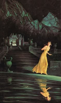 a painting of a woman in a yellow dress standing on the edge of a body of water