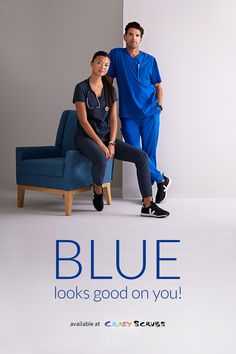 a man and woman sitting on a blue chair with the caption blue looks good on you