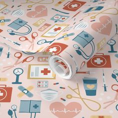 a pink medical themed wallpaper with scissors, stethoscopes and heart shapes