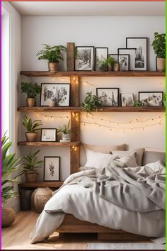 a bedroom with plants and pictures on the wall