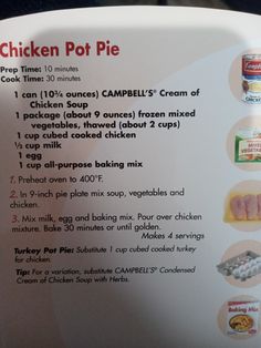 a menu for chicken pot pie with instructions