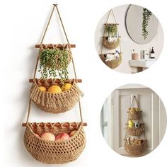 Features: The hanging basket adopts 3 tier design, 3 basket can be used independently or together. Woven from high quality jute rope material, which is strong and reliable to use. Very suitable for holding onions, garlic, potatoes, fruits, toys, daily necessities etc. Stylish bohemian design adds a decorative touch to any home decor. Comes with a black hook and an adhesive hook for hanging. Specification: Item name: Hanging Fruit Basket Color: as shown Material: jute rope Overall height: 90cm Ba Boho Wall Basket Decor, Boho Sisustus, Hanging Fruit Basket, Living Bathroom, Produce Baskets, Wand Organizer, Hanging Fruit Baskets, Over The Door Organizer, Jute Hanging