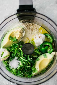 ingredients in a food processor to make an avocado smoothie for breakfast or brunch