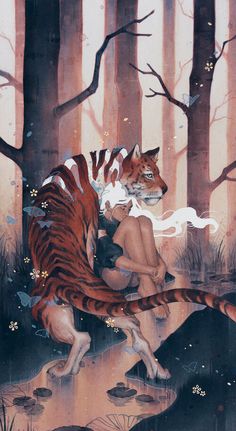 a painting of a woman sitting on a tiger in the middle of a forest with trees