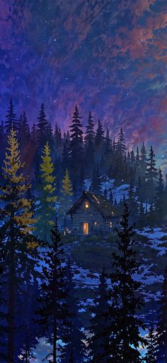 a painting of a cabin in the woods at night with stars and clouds above it