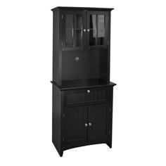 a black hutch with glass doors and drawers on it's front door, against a white background