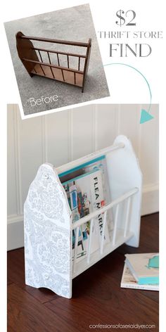 a magazine rack made out of an old bed frame and some other things to do with it