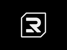 black and white logo with the letter r in it's center, on a dark background