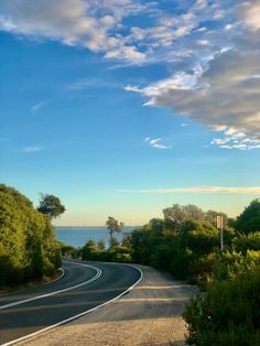 an empty road with trees and bushes on both sides under a blue sky with white clouds