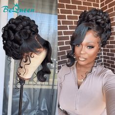 BeQueen Wig WEDDING WIG Bequeen Romantic Wedding Wig9 Black Brides Hairstyles With Crown, African Bridal Hairstyles, Messy Bun Wig, Black Bridal Hairstyles, Black Brides Hairstyles, Bride Hairstyles Updo, Bridal Ponytail, Natural Hair Wedding, Black Hair Updo Hairstyles