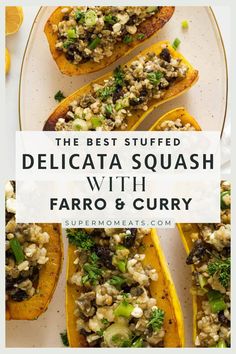 the best stuffed delicata squash with faro and curry on a white plate