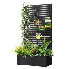 an outdoor planter with plants and watering tools attached to the side, on a white background