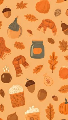 an orange background with fall leaves, acorns, and pumpkins on it