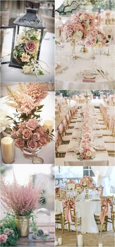 a collage of photos with flowers, candles and vases on the tables in front of