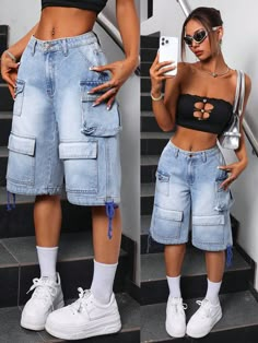 Azul Casual Collar  Mezclilla Liso Bermuda Embellished No-Elástico Short Shorts Outfit, Cargo Jean Shorts, Street Style Outfits Casual, Chic Dress Classy, Fashion Terms, Shoes Outfit Fashion, Trendy Outfits For Teens, Classy Work Outfits