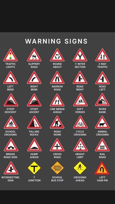 various warning signs are shown on a black and gray background with the words warning signs below them