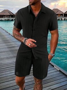 Men Solid Button Up Shirt & Shorts Black Casual    Plain  Non-Stretch  Men Clothing, size features are:Bust: ,Length: ,Sleeve Length: Mens Business Casual, Mens Beach Style, Mens Summer Fashion Beach, Short Noir, Striped Pant, Business Casual Shirts, New Mens Fashion, Summer Fashion Beach, Men Beach