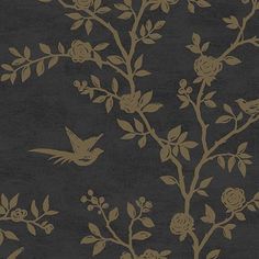 a black and gold wallpaper with flowers and birds in the branches, on a dark background