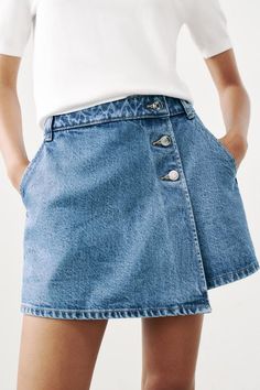 Z1975 WRAP DENIM SKORT - Mid-blue | ZARA United States White Ruffle Mini Skirt, Jean Skort, Pleated Denim Skirt, Denim Skort, Wrap Skort, Zara Skirts, Skorts, Swimwear Accessories, Zara Women