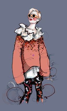 a drawing of a woman in pink sweater and black boots with white feathers on her head