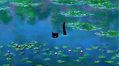 a black cat floating in the water with lily pads