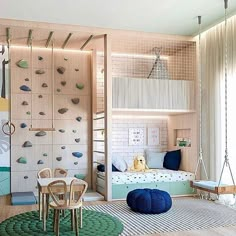 a child's room with climbing wall and play area