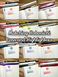 many different types of pens and highlighters on a wooden surface with the words matching hobonichi bars and highlighters