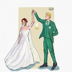 a drawing of a bride and groom holding each other's hand in the air