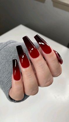 Acrylic Nails Dark Colors, Red Coffin Nail Ideas, Red Ombre Nails, Black Gel Nails, App Filter, Long Square Nails, Black Acrylic Nails