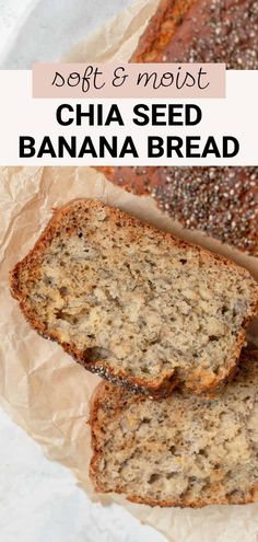 two slices of banana bread sitting on top of parchment paper