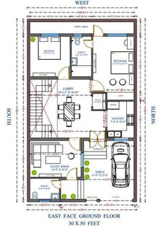 the floor plan for a two story house with three bedroom and an attached garage area