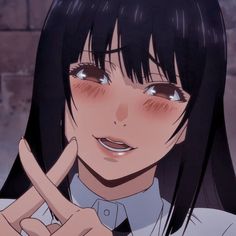 an anime character with long black hair pointing to the side