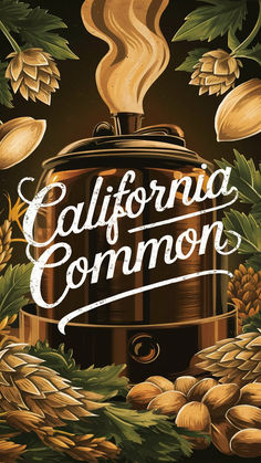 an advertisement for the california common beer company, with nuts and leaves in front of it