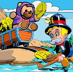 an image of a cartoon character in the water with other characters around him and one bear