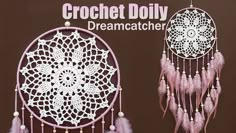 two pink and white dream catchers with crochet doily