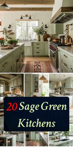 green kitchen cabinets with the words 20 sage green kitchens on it and photos of them