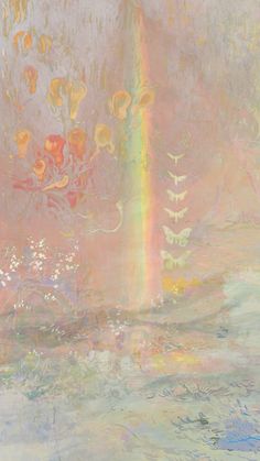 an abstract painting with flowers and a rainbow in the sky