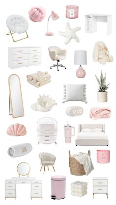 a collage of pink and white furniture