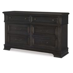 a black dresser with four drawers and two doors on the top, in front of a white background