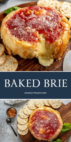 baked brie on a wooden board with crackers