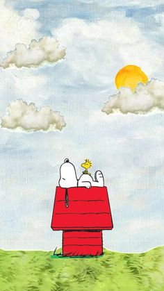 a painting of snoopy sitting on top of a red building with the sun in the background