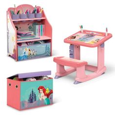 Cater to your little ones creative side with this Disney Princess 3-Piece Art & Play Toddler Room-in-a-Box by Delta Children! A versatile set covered in lovable Princess graphics makes it easy for kids to draw, paint, play and learn, while at the same time develop imagination, creativity and hands-on ability. This all-in-one art and play solution includes a Draw & Play Desk, Art & Storage Station and Fabric Toy Box. The Draw & Play Desk is a colorful spot to paint or draw. This sturdy art desk w Disney Princess Baby Room, Disney Princess Toddler Room, Disney Princess Room Ideas, Toddler Princess Room, Disney Princess Room Decor, Princess Kids Room, Disney Princess Room, Princess Room Decor, 3 Piece Art