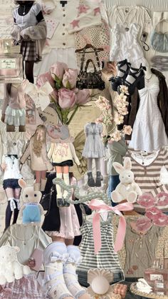 a collage of dolls, dresses and other items