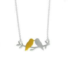 Personalized Yellow Sterling Silver Necklace, Personalized Yellow Sterling Silver Necklaces, Branch Necklace, Bird On Branch, Gold Wash, Bird Jewelry, Recycled Sterling Silver, Jewelry Bags