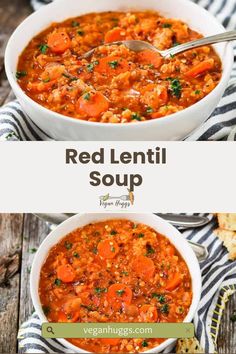 two bowls filled with red lentil soup on top of a wooden table