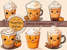 cartoon pumpkin latte drinks with different faces and expressions for halloween or thanksgiving season illustration