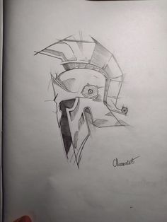 a drawing of a helmet that is drawn in pencil